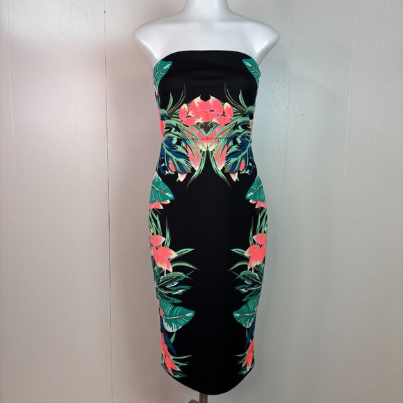 Express Dresses & Skirts - Express Bodycon Dress 4 Strapless Black Tropical Floral Stretch Knee-Length